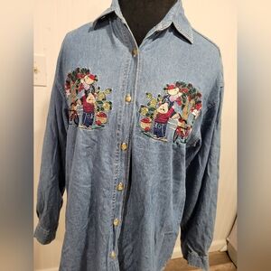 Vintage Carolina Colours Teddy Bear Embroidered Denim Blue Shirt XL Button 90s